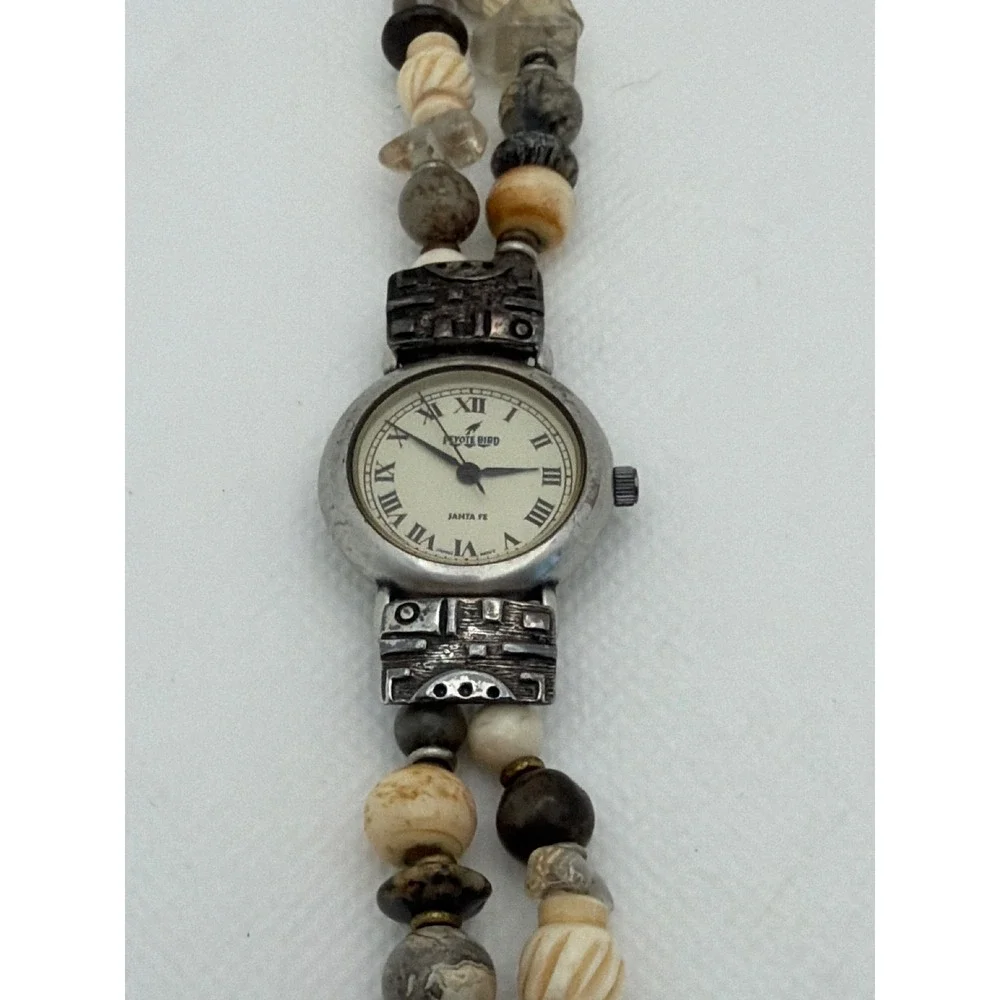 Peyote Bird Wristwatch Womens 7.5in Silver Tan Fair Beaded Southwestern Santa Fe